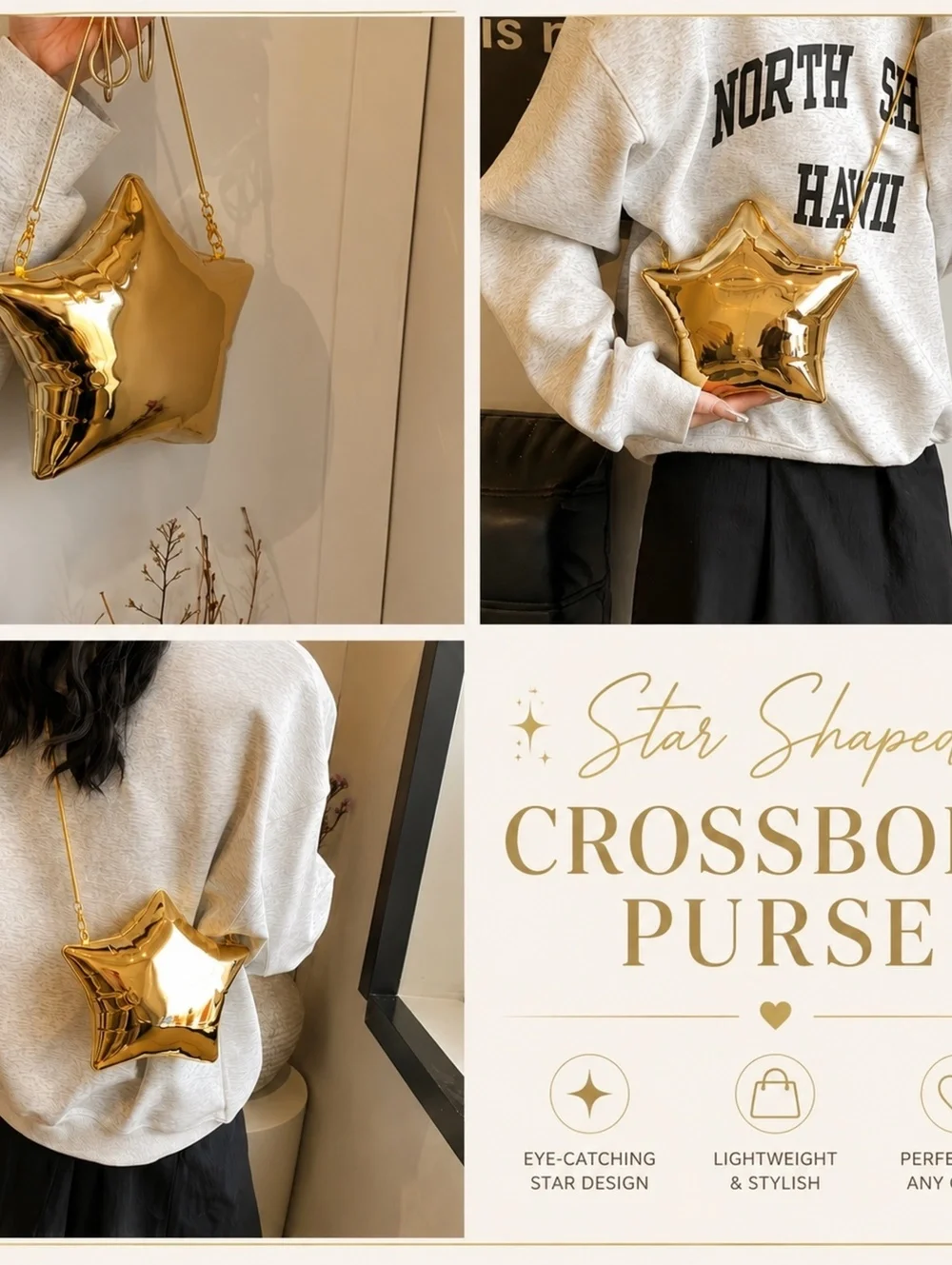 Star Shaped Gold Crossbody Purse Lightweight Stylish Bag nwot